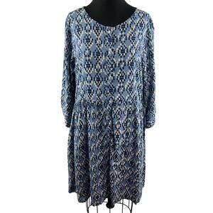GlobalDesi Blue White Skater Dress Dotted Pleated Henley Neck Size X-Large XL